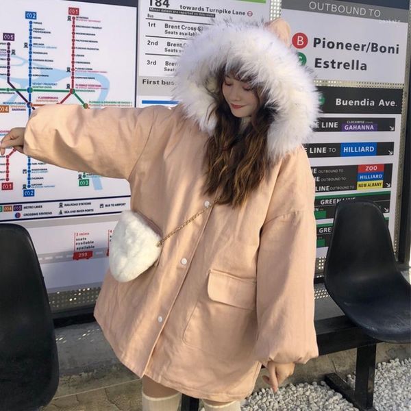 

korean students loose mid-length cute fur collar hooded thick cotton coat cotton jacket female winter 2020new1, Black