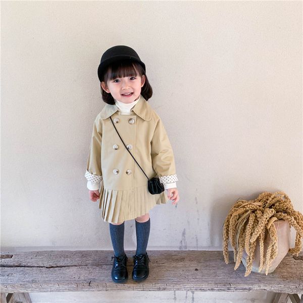 

autumn girls pleated hemline long trench coat korean girl fashion lapel collar windbreaker children double breasted overcoat 201106, Camo