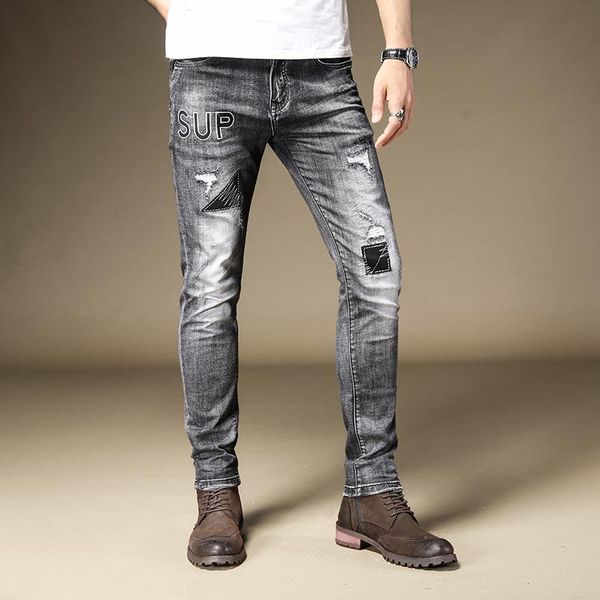 

men's jeans ripped patch straight fashion streetwear denim trousers dark gray slim fit stretch pants, Blue