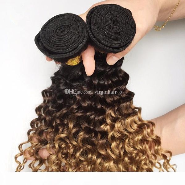 

8a three tone hair weave 1b 4 27 honey blonde ombre human hair extensions deep wave ombre peruvian hair 3 bundles lot, Black