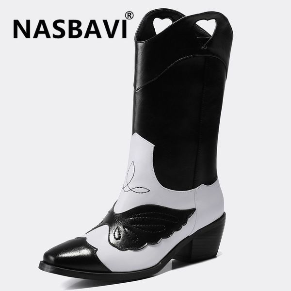

nasbavi 2020 cowboy boots for women round toe mid heels boots ladies mid calf western autumn fashion shoes women, Black