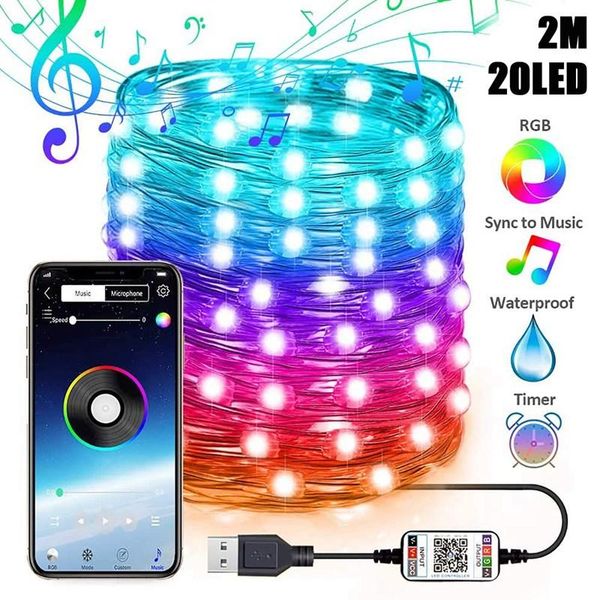 

usb светодиодный строковый светильник rgb bluetooth контроль приложения медные проволоки строка лампы водонепроницаемый открытый сказка свет