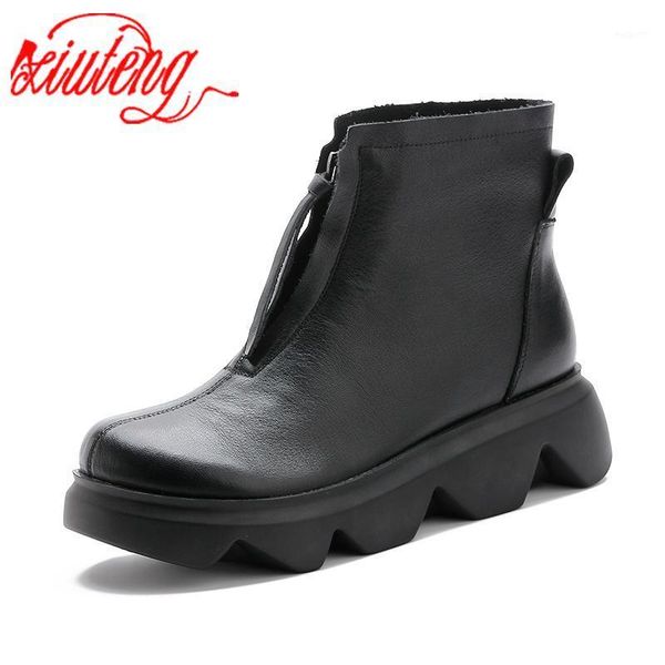 

boots xiuteng round toe work women genuine leather platform ankle winter shoes rubber sole chaussures femmes1, Black