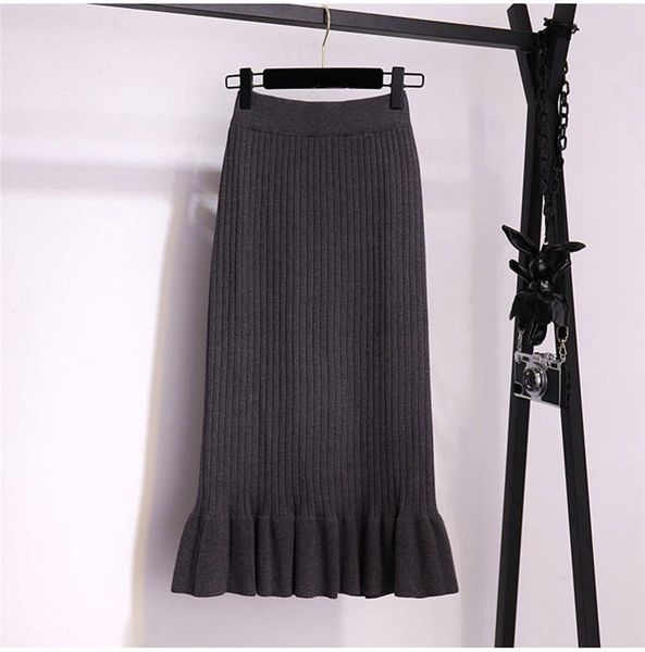 

womens knit trumpet slim skirts autumn winter designer one step ruffle thicken skirt females fashion solid color casual clothes, Black