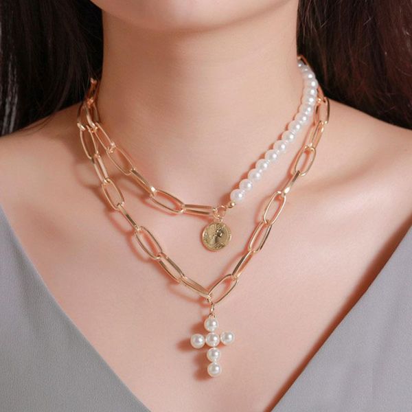 

exaggerate pearl cross lady necklace simple thick chain necklace multilayer round pendant fashion jewelry, Silver
