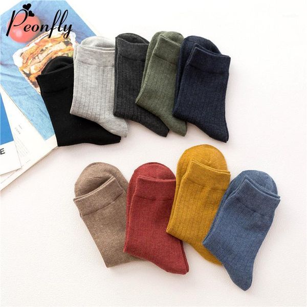 

peonfly business men's casual cotton autumn winter solid colors crew harajuku striped male breathable socks1, Black