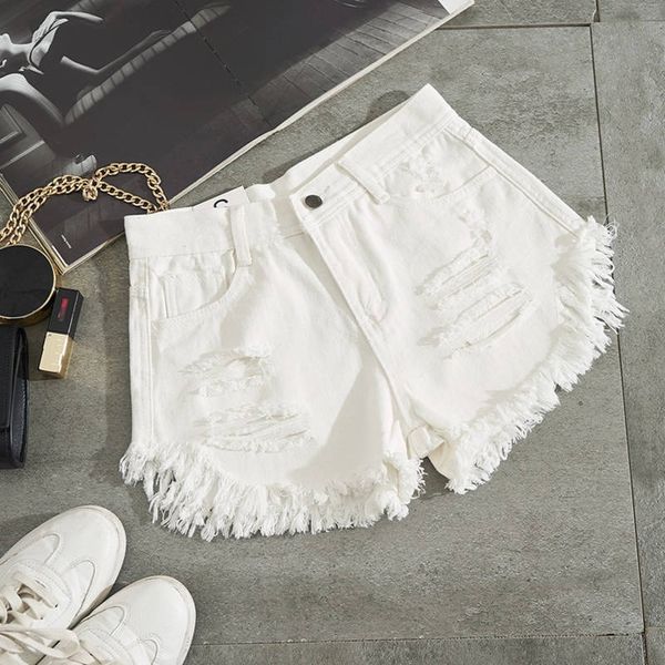 

summer fashion women denim shorts white hole ripped jeans shorts women streetwear tassel high waist shorts feminino c4230 y200822, White;black