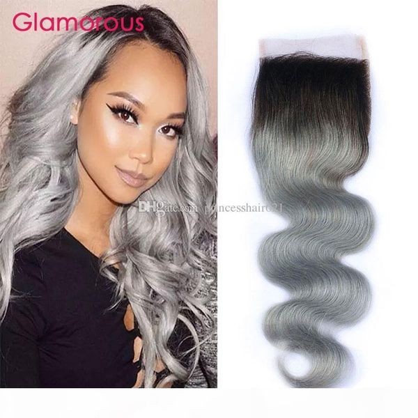 

# 1b серый ombre lace волос закрытие два tones ombre серый бразильский объемная волна 4x4 top lace closure с волосами младенца, Black;brown