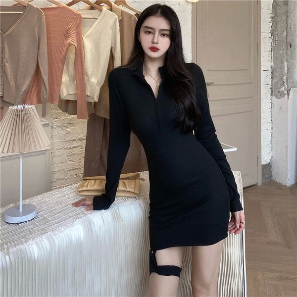 

jxmyy tight-fitting long-sleeved slim slimming street bottoming dress autumn and winter all-match bag hip skirt #x28j, Black;gray