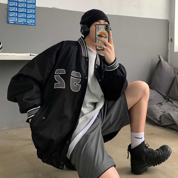 

maker men's 2020 autumn stand collar american street loose print cardigan jacket trendy man, Black;brown