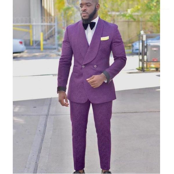 

new fashion mens suits purple 2020 jacquard groom tuxedos shawl lapel double breasted men suits wedding ( jacket+pants)1, White;black