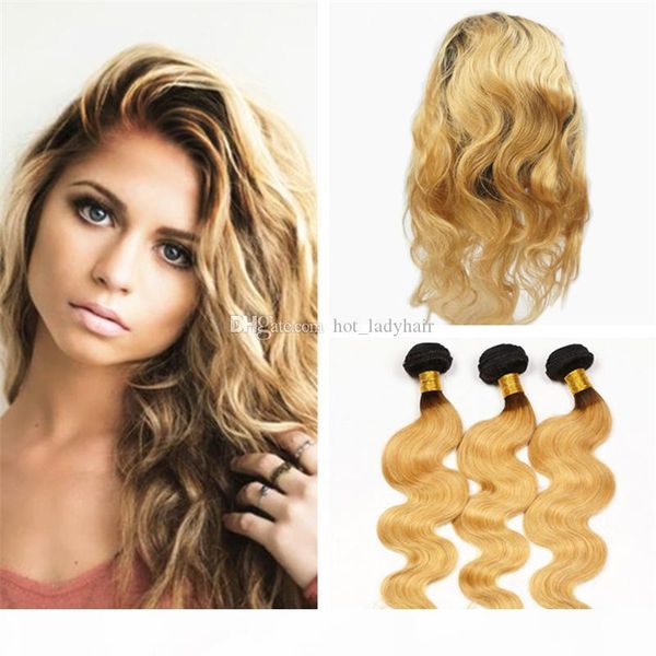 

dark roots ombre 360 lace frontals with bundles 1b 27 honey blonde ombre body wave indian hair with 360 lace frontal closure, Black