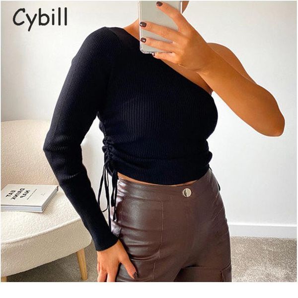 

cybill ribber knitted one shoulder women casual long sleeve t shirt skinny autumn double drawstring slim tee lady sqceny, White