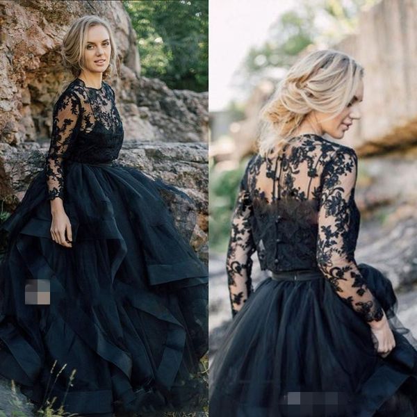 

black tiered wedding dresses 2021 long sleeves jewel neck lace applique tulle gothic covered buttons wedding gown vestido de novia, White