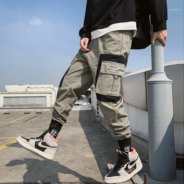 

2020 hip-hop boy multi-pocket elastic waist harem pants men's streetwear punk casual pants jogger men's ankle length1, Black