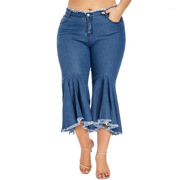 

jaycosin women's clothing elastic plus size jeans ladies fashion casual mid waist loose flare trousers cool denim pants 20191, Blue