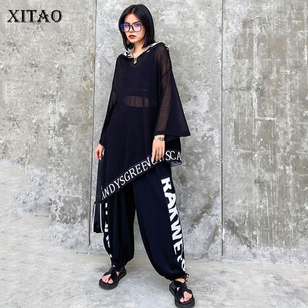 

xitao letter casual asymmetrical women's sets women 2020 autumn trendy fashion new style hooded collar lantern pants zyq43371, Gray