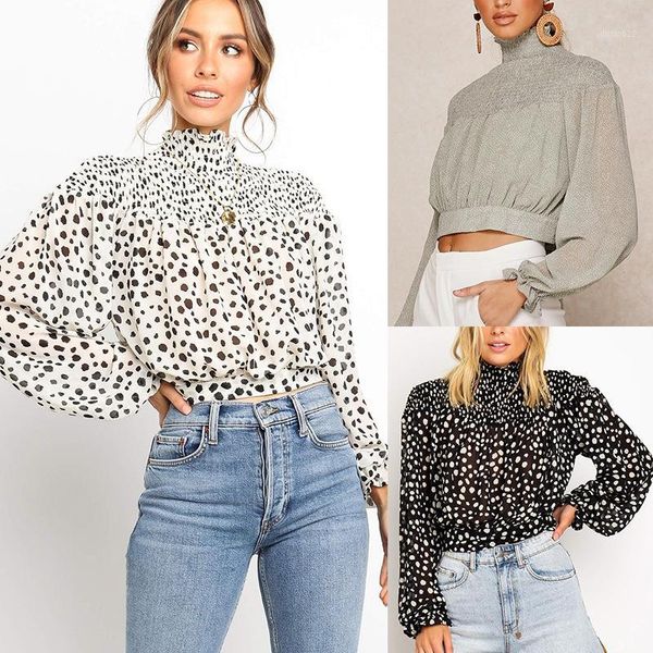 

women's blouses & shirts women blouse 2021 fashion long sleeve white shirt chiffon polka dot puff bandage vintage chemisier femme1