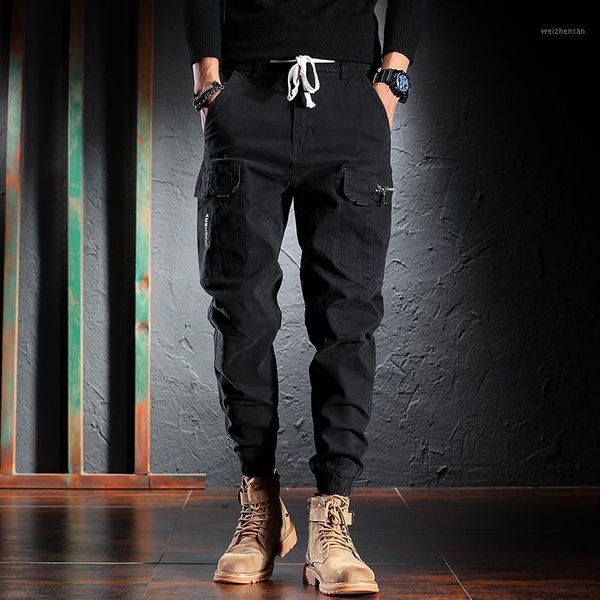 

newly designer fashion men jeans multi pockets casual cargo pants hombre harem trousers streetwear hip hop joggers1, Blue
