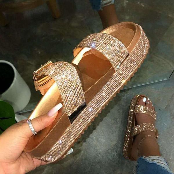 

spring/summer 2021 women double-layer rhinestone buckle sandals outside wild beach slippers ladies leisure home travel flip flop, Black