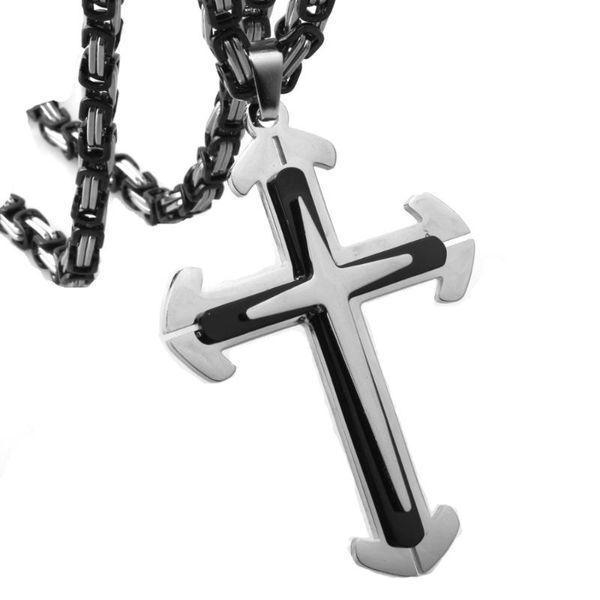 

chains catholic church stainless steel jesus cross necklace religion crucifix pendant fashion byzantine link chain for men & women, Silver