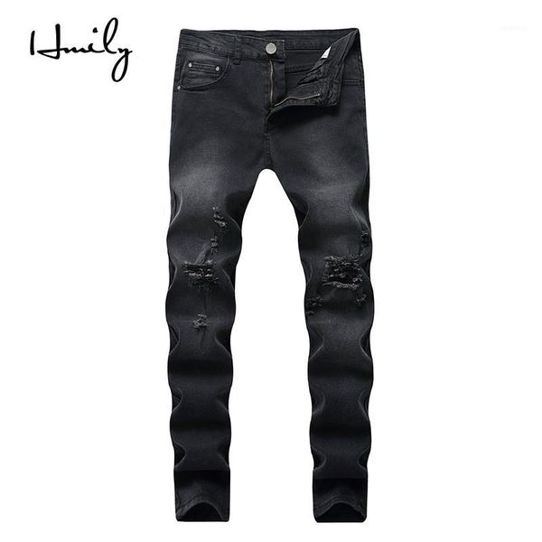 

hmily skinny black jeans men summer vintage denim pencil pants casual stretch trousers hole ripped male zipper jeans1, Blue