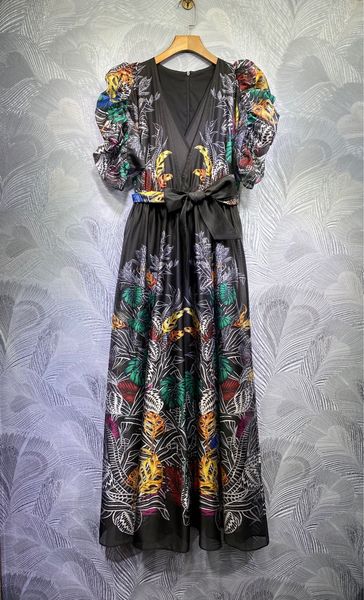 

milan runway dress 2021 v neck long sleeve print designer dress brand same style dress 0111-18, Black