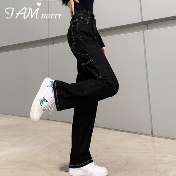 

boyfriend belt patched wide leg women's straight jeans striped high waist baggy jogger mom denim streetwear black pants iamy, Blue