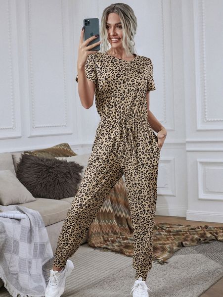 

leopard tie front tee jumpsuit r2ef#, White
