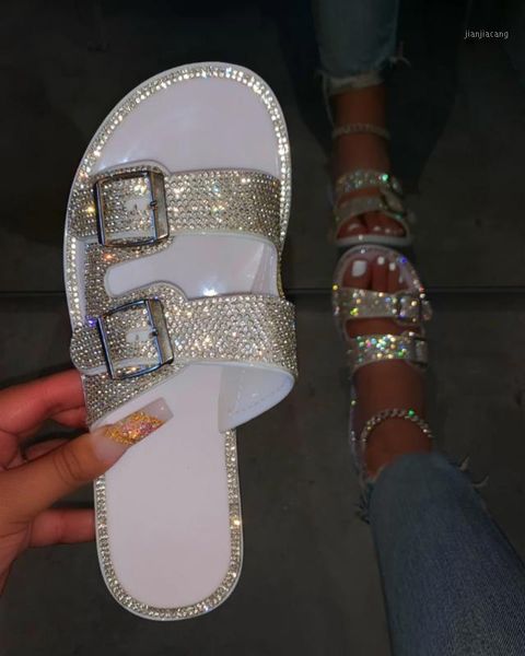 

women 2020 round toe rhinestone sandals bling slip on slippers ladies summer beach shiny flat heel shoes zapatos de mujer d301, Black