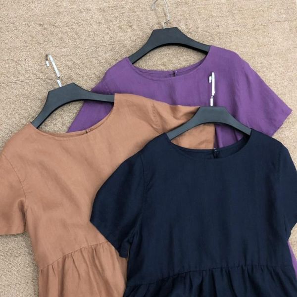 

women dress linen loose dress back lace short sleeve1, Black;gray