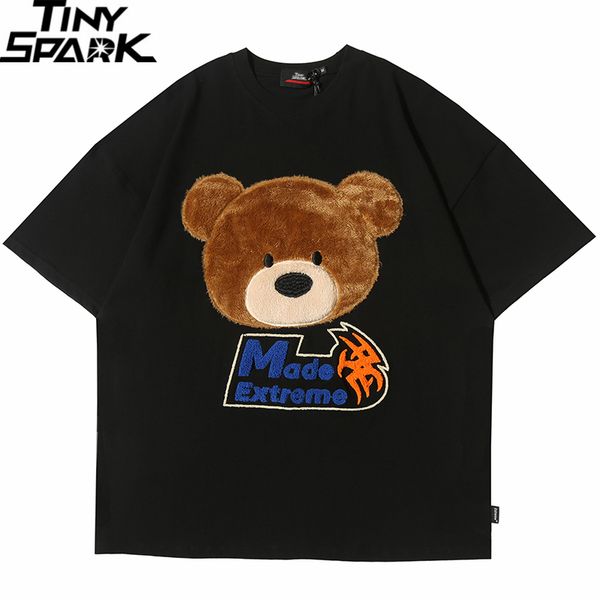 

2020 t shirt streetwear men hip hop cartoon furry bear t-shirt summer short sleeve tshirt harajuku cotton loose tees black, White;black