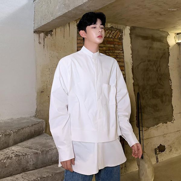 

men stand collar splice loose casual pullover shirt male japan streetwear hip hop party dress shirt fashion show clothes1, White;black