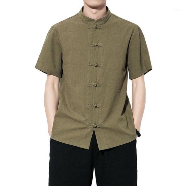

men shirt solid color button stand collar short sleeve loose shirt chinese style tang suit vintage male casual shirts1, White;black