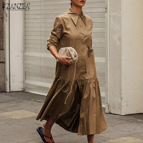 

casual dresses womens work long shirt dress a line lapel robe femme female solid kaftan zanzea streetwear ruffle vestidos oversized, Black;gray