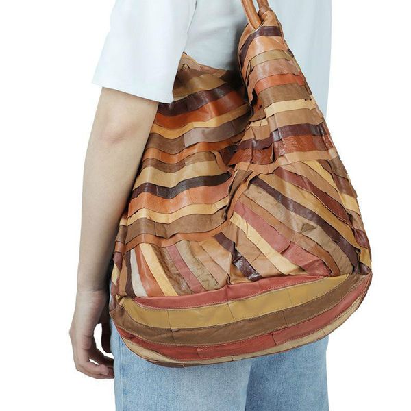 

johnature fashion stitching genuine leather women bag leisure large capacity sheepskin shoulder bags striped luxury handbag