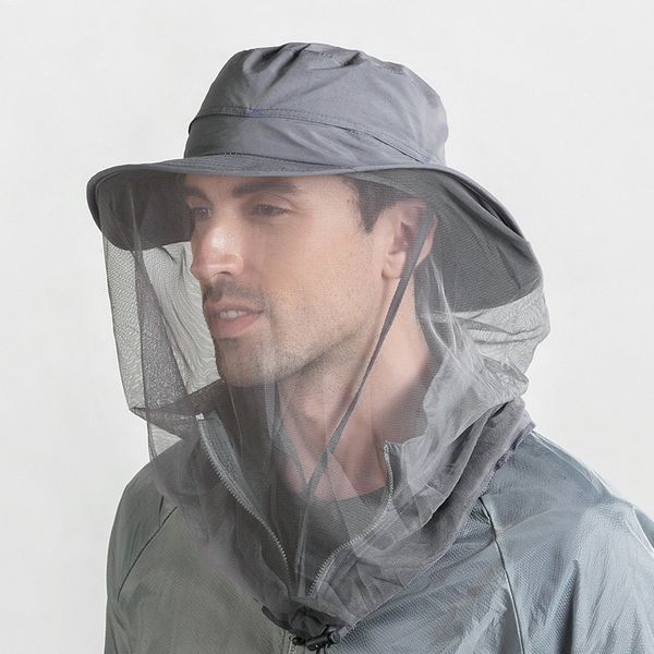 

outdoor 360 mosquito-proof hat fishing umbrella hat sun protection with mosquit net for men women hiking camping caps breathable y200714, Blue;gray