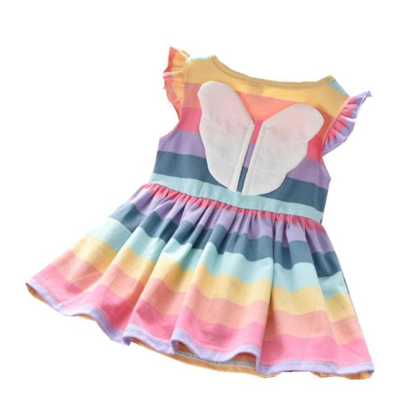 

infant toddler girls rainbow stripe vest dress children's sweet flying sleeve wing baby dress casual clothes, Red;yellow