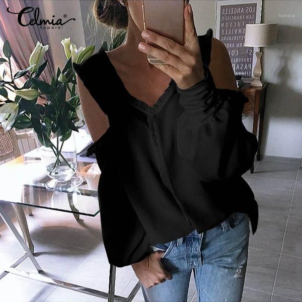 

celmia women 2020 spring long sleeve blouses off shoulder fashion v-neck casual solid blusas elegant office shirt tunic1, White