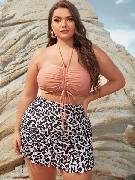 

3pack plus plain drawstring bikini swimsuit & leopard beach skirt 40ia#, Black
