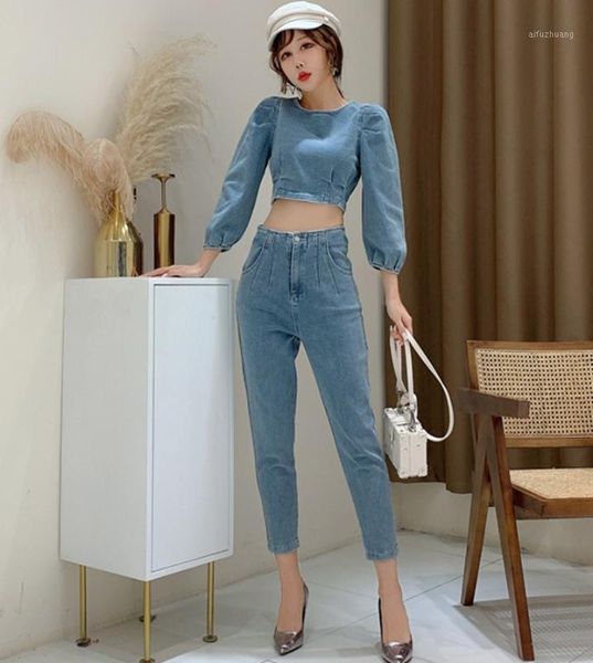 

summer autumn denim two piece set women fashion round neck crop + high waist denim pants 2 piece sets womens outfits1, White