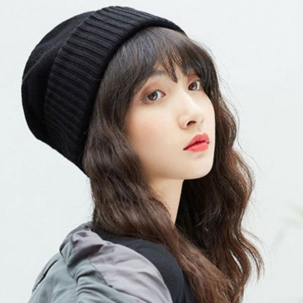 

new knitted hat double layer beanie solid color keep warm elastic winter hats, Blue;gray