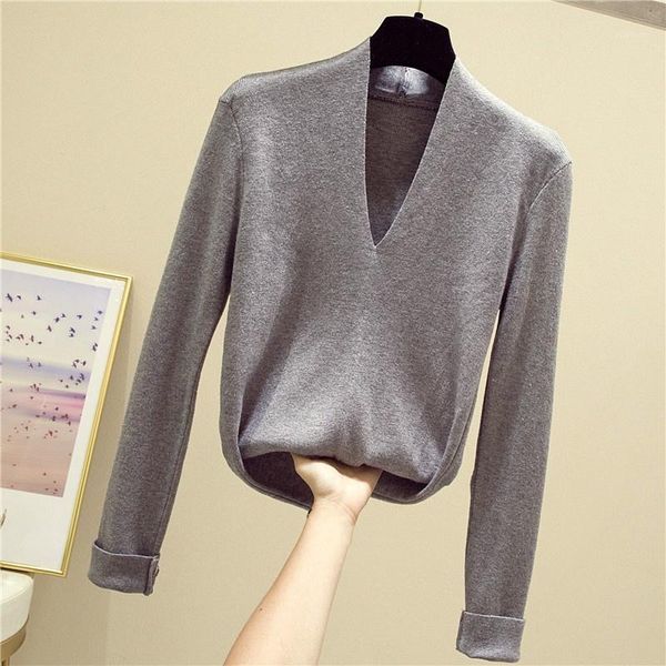 

women v neck jumper pure thin knitted pullover sweater long sleeve stretch bottoming shirt solid color v-neck 936-0951, White;black