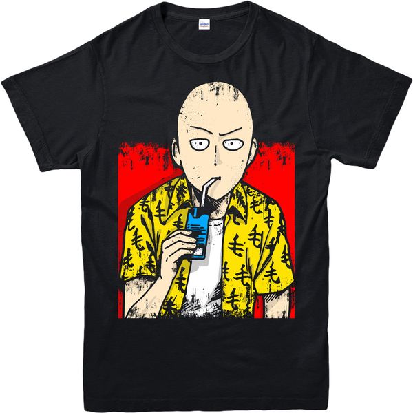 

sport casual printing tee saitama, one-punch man drinking juice spoof t-shirt, funny inspired design summer t-shirt
