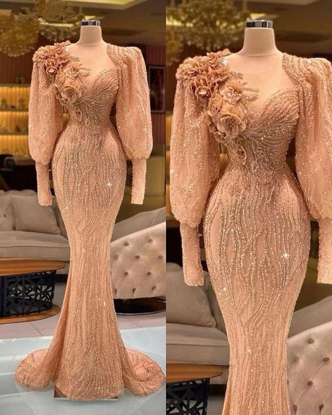 Kosovo design vestidos de noite de mangas compridas puro perolização de miçangas de luxo sereia vestido de baile com 3D Floral appleIue festa vestidos