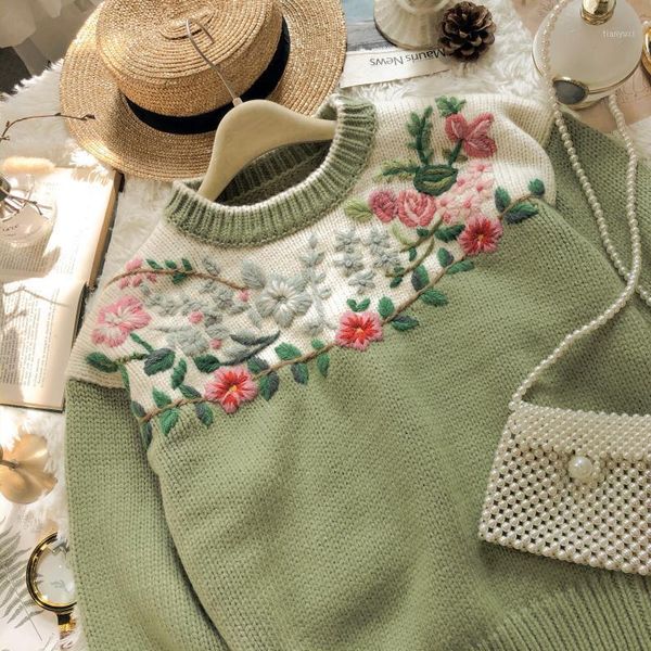

autumn winter outer sweater women japanese gentle mori pullover o-neck small fresh flower embroidery jumper girl student1, White;black