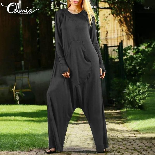 

celmia fashion jumpsuits women drop-crotch long rompers casual loose zipper wide leg pants long sleeve pockets playsuits mujer 71, Black;white