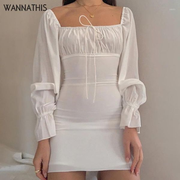 

wannathis bandage front ruched full sleeve flare sleeve mini dress women square collar elastic slim casual dress autumn1, Black;gray