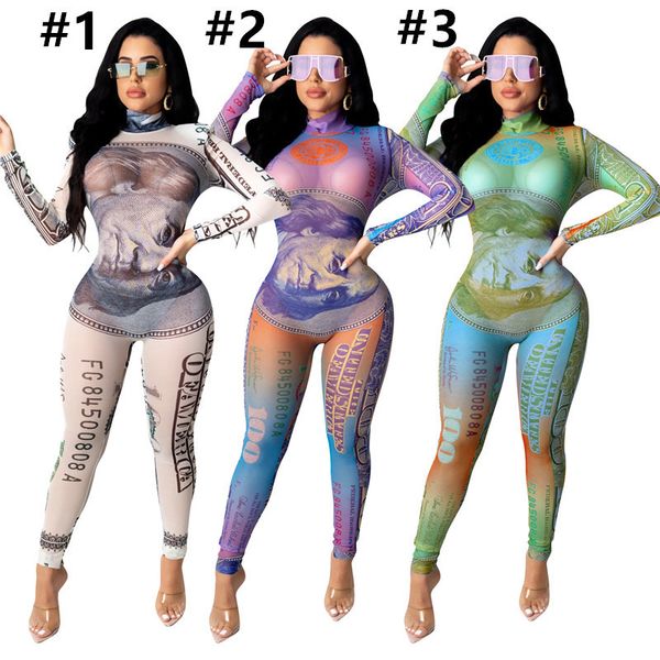 

women jumpsuit plus size slim dollar printed fashion long sleeves home wear jumpsuit pants leggings ladies tight rompers cz102801, White