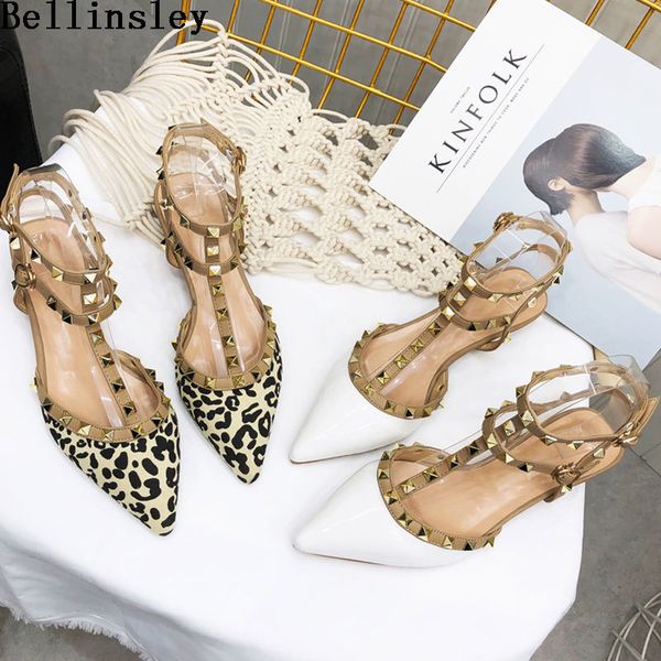 

bellinsley 2019 new spring ankle strap women flat leopard shoes t-strap pointed toe rivet flat sandals woman party dress shoes c1103, Black;white